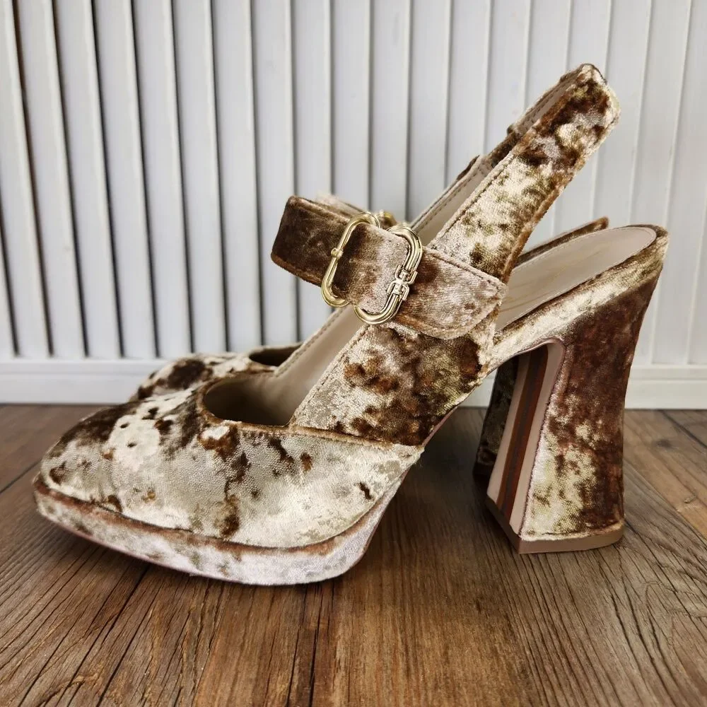 Sam Edelman Jildie Prosecco Velvet Womens Size 8.5 M Gold Mary Jane Heels Shoes